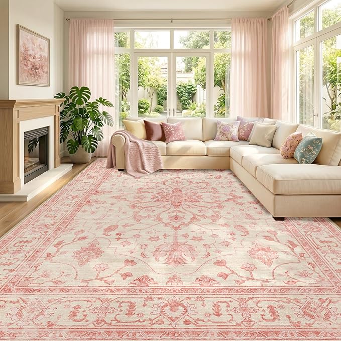 RELEANY Area Rugs 8'x10' Washable Non-Slip, Floral Vintage Distress Medallion Carpet for Living Room Bedroom Dining Room, Pink Light Vintage Pink