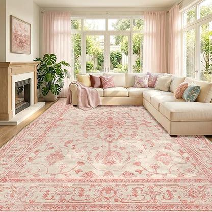 RELEANY Area Rugs 8'x10' Washable Non-Slip, Floral Vintage Distress Medallion Carpet for Living Room Bedroom Dining Room, Pink Light Vintage Pink