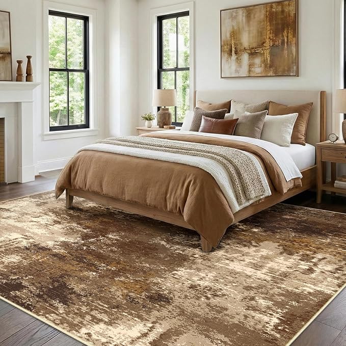 RELEANY Washable Area Rugs 9'x12' Non-Slip Modern Abstract Soft for Living Room Entryway Bedroom Kitchen, Print Pattern, Brown Tan Beige Coffee