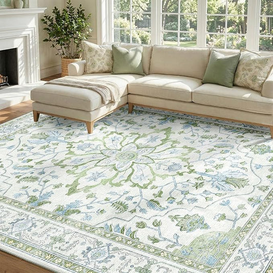 RELEANY Area Rugs 7'x9' Washable Non-Slip, Floral Vintage Distress Medallion Carpet for Living Room Bedroom Dining Room, Green White Blue