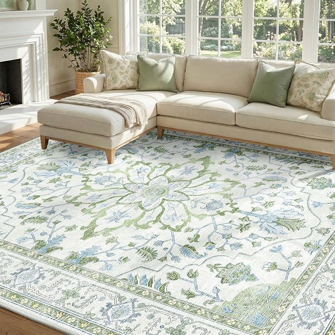 RELEANY Area Rugs 8'x10' Washable Non-Slip, Floral Vintage Distress Medallion Carpet for Living Room Bedroom Dining Room, Green White Blue