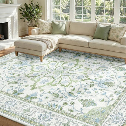RELEANY Area Rugs 8'x10' Washable Non-Slip, Floral Vintage Distress Medallion Carpet for Living Room Bedroom Dining Room, Green White Blue