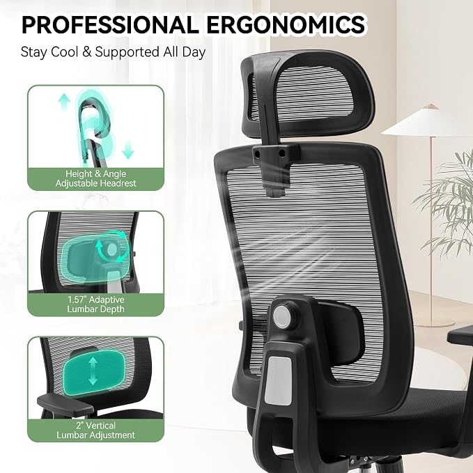 Ergonomic Office Chair Mesh High Back, Office Desk Chair with Adjustable Lumbar Support, Rolling Work Chairs with Wheels and 3D Headrest, Black