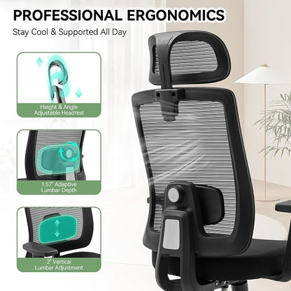 Ergonomic Office Chair Mesh High Back, Office Desk Chair with Adjustable Lumbar Support, Rolling Work Chairs with Wheels and 3D Headrest, Black