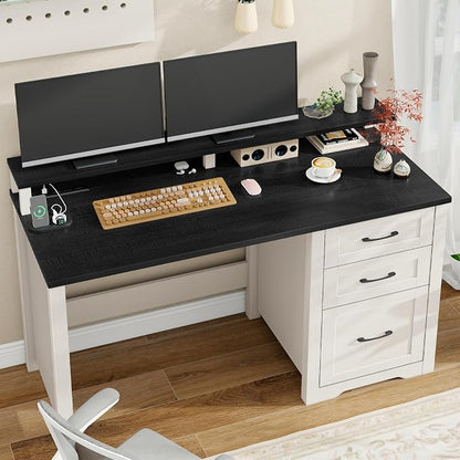 Vabches 47" Farmhouse Executive Desk with Monitor Stand & File Cabinet,3 Drawers Computer Desk with LED Lights and Power Outlets,Workstation for Home Office, Study,Writing,Black