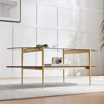 LumFurn X-Large Oval Glass Coffee Table, Mid-Century Modern Design, L47 x W24 x H17 inch, for Living Room, Amber Glass Top and Walnut Finish Wood Shelf, Conical Legs with Gold Finish Frame
