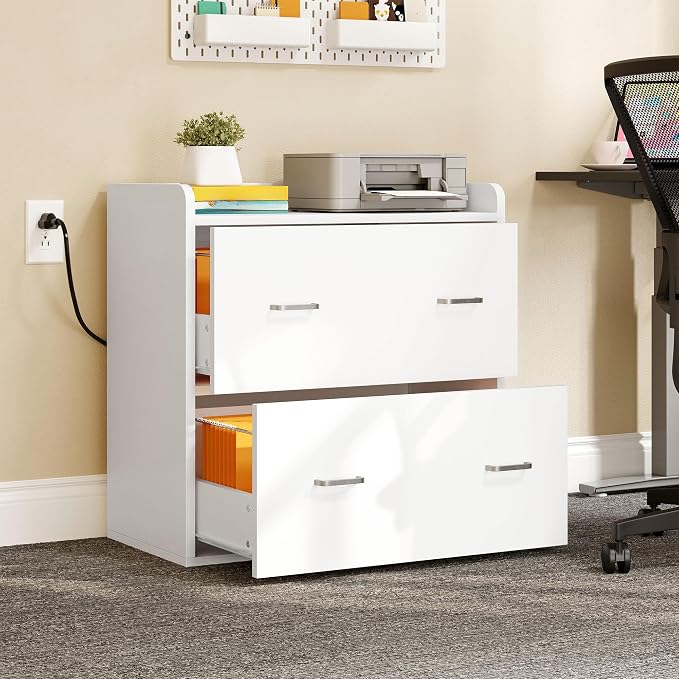 DWVO File Cabinet with Charging Station, 2 Drawer Lateral Filing Cabinet with Storage, Large Printer Stand for Home Office Living Room, Fits A4 Legal Letter Documents, White