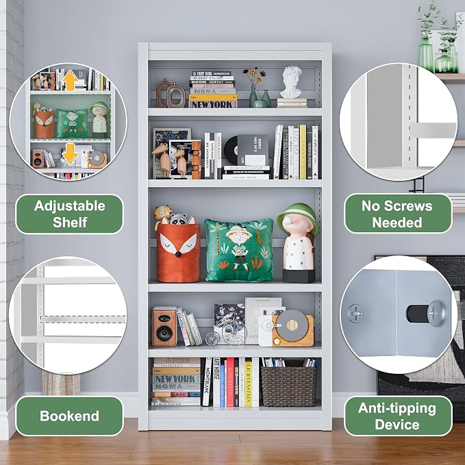 OSEILLC 69" H 5-Shelf Heavy Duty Metal Bookcase, Adjustable Bookshelf with Large Capacity, Sturdy Bookshelf for Home Office, Living Room, Garage