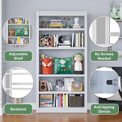 OSEILLC 69" H 5-Shelf Heavy Duty Metal Bookcase, Adjustable Bookshelf with Large Capacity, Sturdy Bookshelf for Home Office, Living Room, Garage