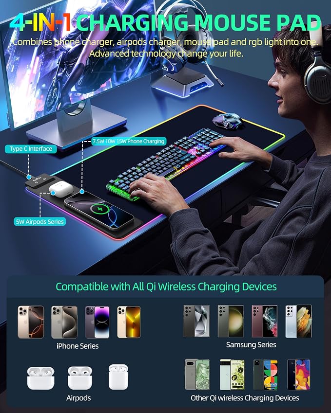 ExtreLife Wireless Charging Mouse Pad, RGB Gaming Mousepad, 31.5"x11.8" Extra Large Desk Mat, 13 Light Modes, Ultra-Smooth Surface, Non-Slip Base, Waterproof Computer Keyboard Pad for Laptop, Black