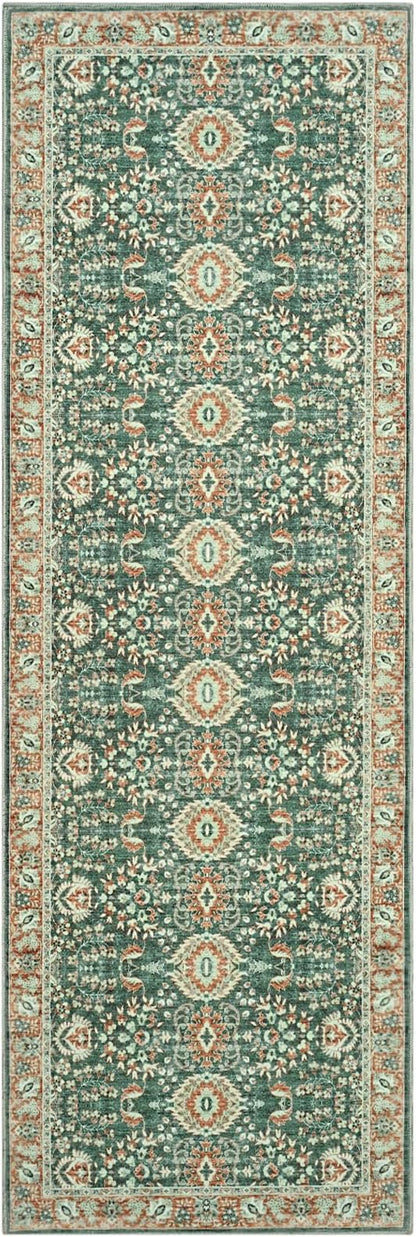 Goideal Washable Runner Rug 2x6, Vintage Rugs Non Slip, Indoor Low Pile Carpet with Rubber Backing for Kitchen Bathroom Entryway Office Bedroom,Green & Orange