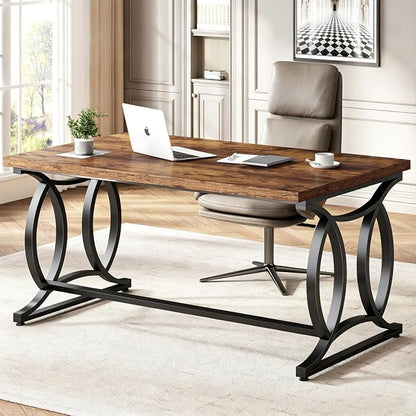 HSH Rustic Home Office Desk, 55 Inch Metal Wood Computer Desk, Simple Industrial Study Executive Desk for Work Writing, Modern Student Gaming Computer PC Table Bedroom, Rustic Brown