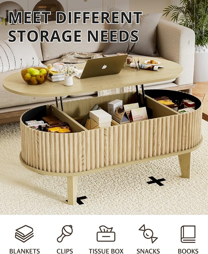 Oval Coffee Table with Lifting Top, 41" Fluted Coffee Table with Storage for Living Room or Home Office, Oak