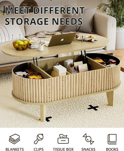Oval Coffee Table with Lifting Top, 41" Fluted Coffee Table with Storage for Living Room or Home Office, Oak