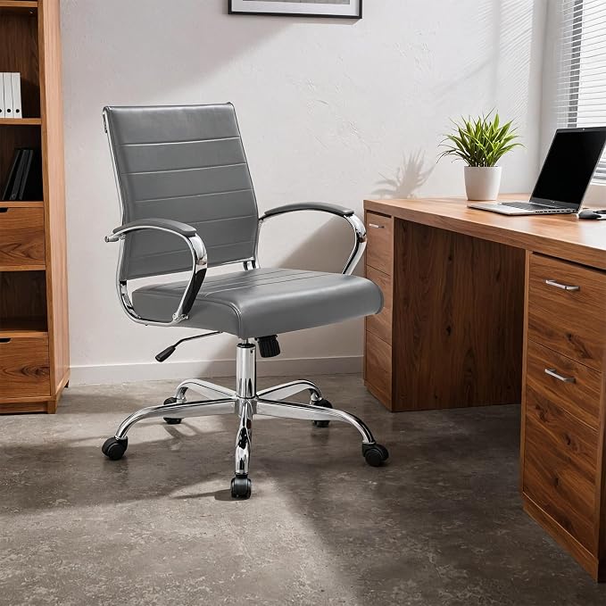 LeisureMod Benmar Leather Office Desk Chair, Mid-Back Ergonomic Swivel Chair with Lumbar Support, Adjustable Height, Tilt Lock, Cushioned Seat & Back, Home Office Task Chair (Grey, Set of 2)