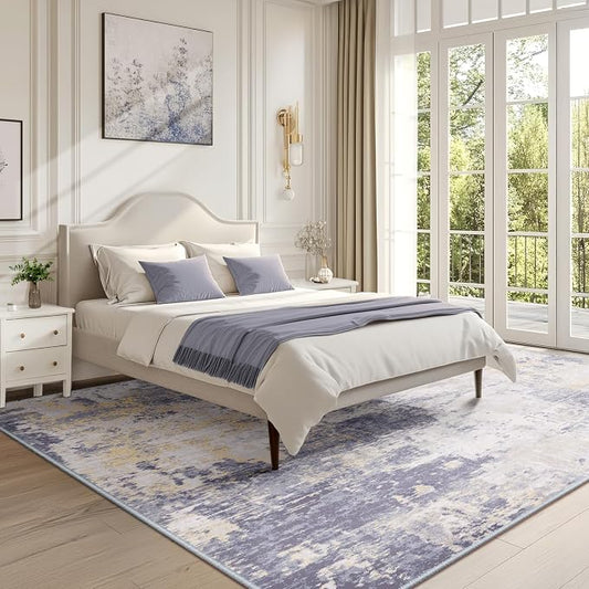 RELEANY Washable Area Rugs 6'x8' Non-Slip Modern Abstract Soft for Living Room Entryway Bedroom Kitchen, Print Pattern, Purple Grey Cream Yellow