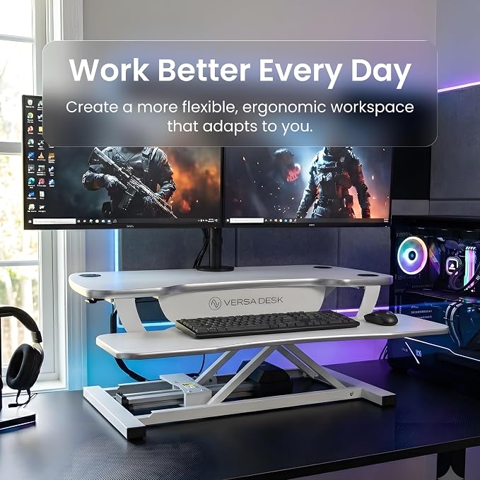 VERSADESK PowerPro 48 Inch Electric Standing Desk Converter – Push-Button Height Adjustable Sit to Stand Desk Riser for Multiple Monitors – Motorized Desktop Workstation with Wide Keyboard Tray, White