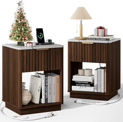 Fluted Nightstand, Night Stand Set 2, Walnut Nightstands Set of 2 with Charging Station and Faux Marble Top, Modern End Table with Drawer & Open Shelf, Bedside Table for Bedroom Living Room