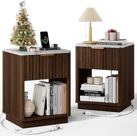 Fluted Nightstand, Night Stand Set 2, Walnut Nightstands Set of 2 with Charging Station and Faux Marble Top, Modern End Table with Drawer & Open Shelf, Bedside Table for Bedroom Living Room