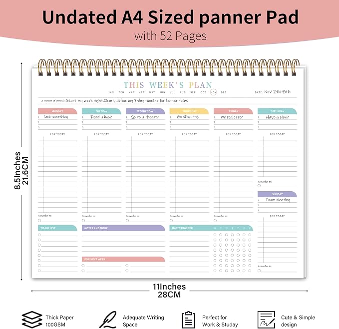 2PC Weekly To Do List Notepad with 52 Undated Sheets（8.5"×11"）- Undated Weekly Desk Planner for Women & Man, School/Office Supplies