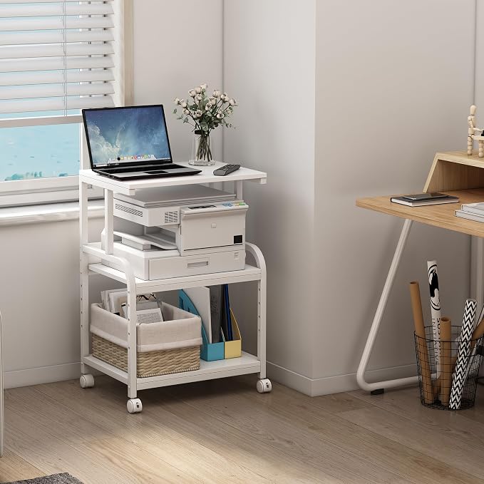 Fannova White Printer Stand with Storage, 3 Tier Printer Table with Height Adjustable Shelf, Rolling Printer Cart with Wheels for Home Office Organization