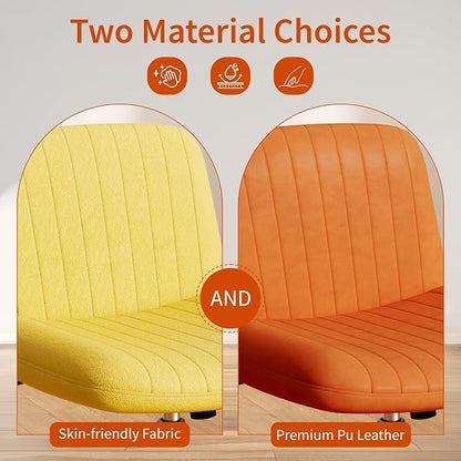 Criss Cross Chair with Wheels, Cross Legged Office Chair, Armless Office Chairs Adjustable Height Swivel Tilting Fabric Vanity Chairs for Home Bedroom (Yellow)