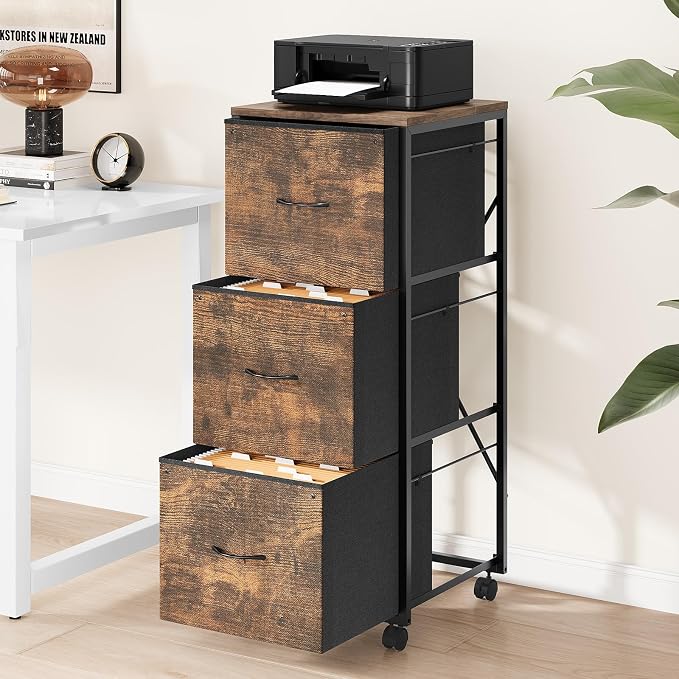 VINGLI 3 Drawer File Cabinet 34.8” Height, Rolling File Cabinet Mobile Tall File Cabinet with Wheels, Fabric Drawers Printer Stand for Home Office, Fits Letter Size, Rustic Brown