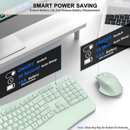 Wireless Keyboard and Mouse Combo, 2.4G Full Size Wave Keys Ergonomic Keyboard with Wrist Rest and 3-Level DPI Adjustable Wireless Ergonomic Mouse for Windows, Mac OS Desktop/Laptop/PC(Avocado Green)