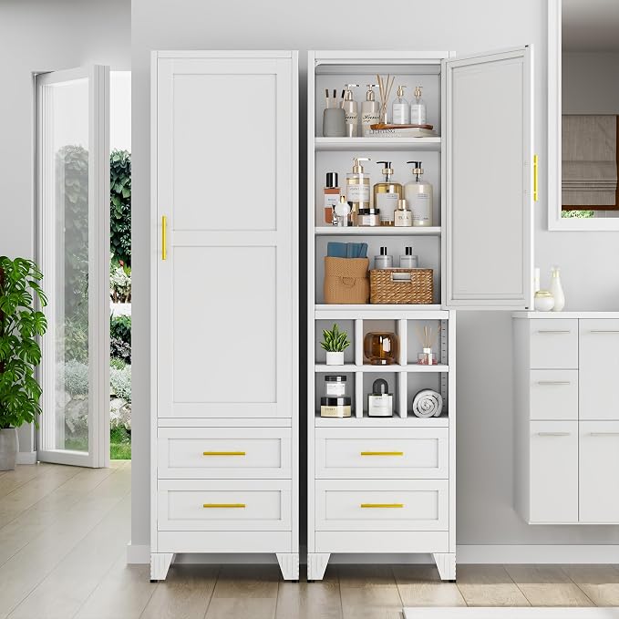 67" Tall Narrow Metal Storage Cabinet, Freestanding Pantry Organizer, White | Slim Bathroom Cabinets with 2 Drawers & 3 Adjustable Shelves, Multi-Use Cupboard for Kitchen Office Living＆ Dining Room