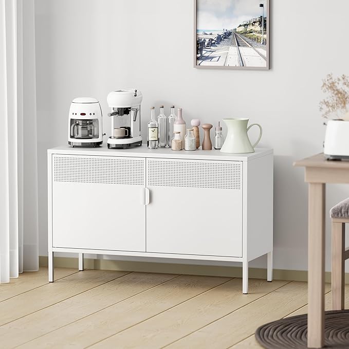 Chshin Metal Storage Cabinet with Doors,White Accent Cabinet,Metal Locker Storage Cabinets,2 Door TV Media Stand with Removable Shelves for,Home,Office,Entryway,Living Room