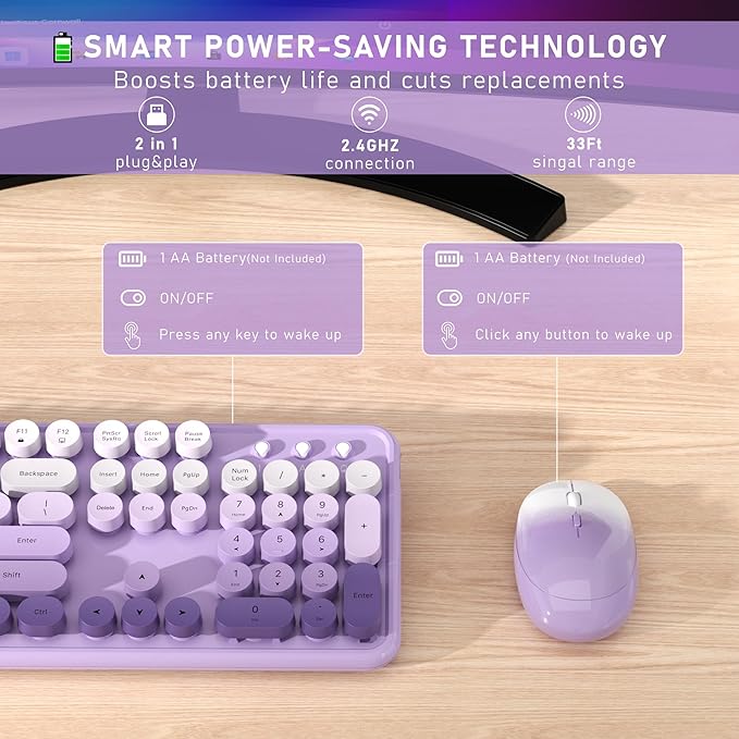 Links9+ Wireless Keyboard and Mouse, Full-Size Retro Typewriter Keyboard with Round Keycaps, 2.4GHz for Windows, Mac, Laptop, PC, Desktop (Purple Gradient)