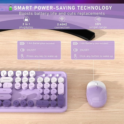 Links9+ Wireless Keyboard and Mouse, Full-Size Retro Typewriter Keyboard with Round Keycaps, 2.4GHz for Windows, Mac, Laptop, PC, Desktop (Purple Gradient)