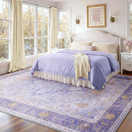 RELEANY Area Rugs Large 10'x14' Washable Non-Slip, Floral Vintage Distress Medallion Carpet for Living Room Bedroom Dining Room, Light Purple Brown
