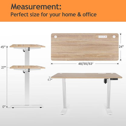 Electric Standing Desk with Wheels, 63'' x 24'' Standing Desk Adjustable Height with Charging Station, 2 USB Ports, 3 Power Outlets, 4 Caster, 27''-46'' Lifting Range Stand up Desk(Oak)