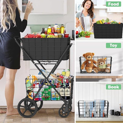 [𝐍𝐄𝐖] 2-Tier Extra Large Collapsible Grocery Cart On Wheels, 400lbs Shopping Cart for Groceries with 2 Removable Baskets, Waterproof Liner, Heavy Duty Foldable Shopping Utility Cart for Seniors