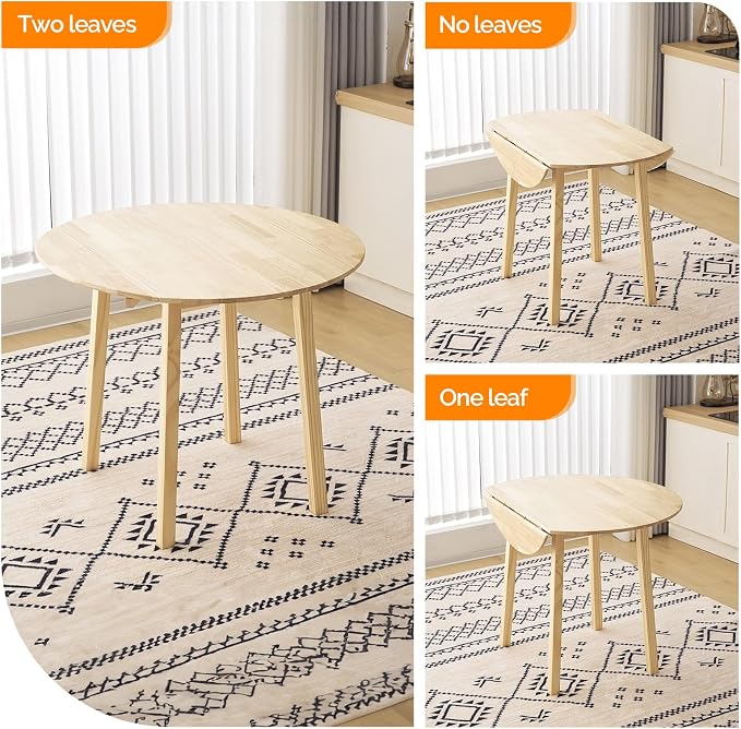 VINGLI 35" Solid Wood Folding Dining Table, Drop Leaf Kichen Dining Room Desk for Small Spaces, Small Kitchen, Expandable Folding Round Table for Home, Apartment,Office, Light Oak