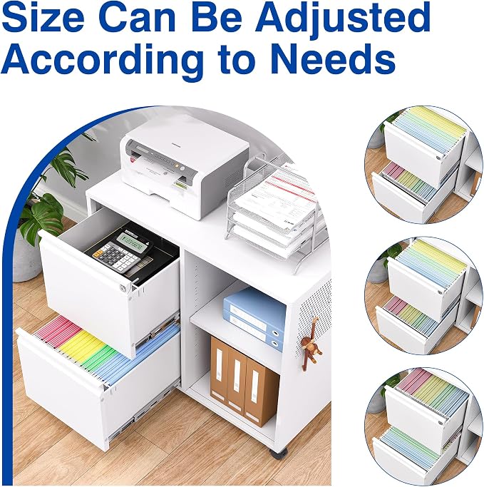 BYNSOE 2-Drawer File Cabinet Mobile Filing Cabinet with Lock Lateral File Cabinet Printer Stand with Open Storage Shelves for Home Office (White, Left Drawer)