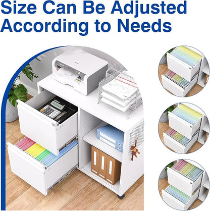 BYNSOE 2-Drawer File Cabinet Mobile Filing Cabinet with Lock Lateral File Cabinet Printer Stand with Open Storage Shelves for Home Office (White, Left Drawer)