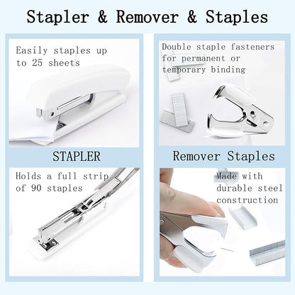 Dimonluce Office Desk Accessories, White Office Supplies Accessories with Tape Dispenser, Stapler, Staple Remover, 1000 Staples, Tape, Clips Set, Ruler, Scissor, Pen