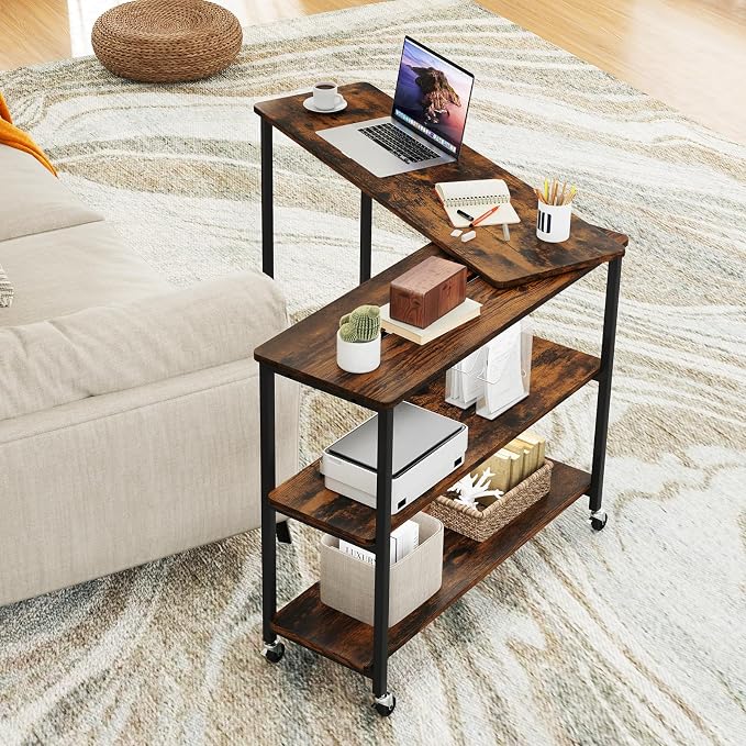 Tangkula Large 360° Free Rotating Sofa Side Table, Patented Mobile Couch Desk with 2-Tier Storage Shelves, Movable Laptop Desk with Sturdy Metal Frame, Extendable Couch Snack Table for Home Office