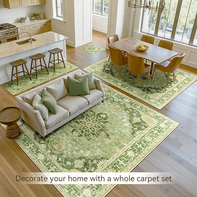 RELEANY Area Rugs 5'x7' Washable Non-Slip, Floral Vintage Distress Medallion Carpet for Living Room Bedroom Dining Room, Sage Green Yellow