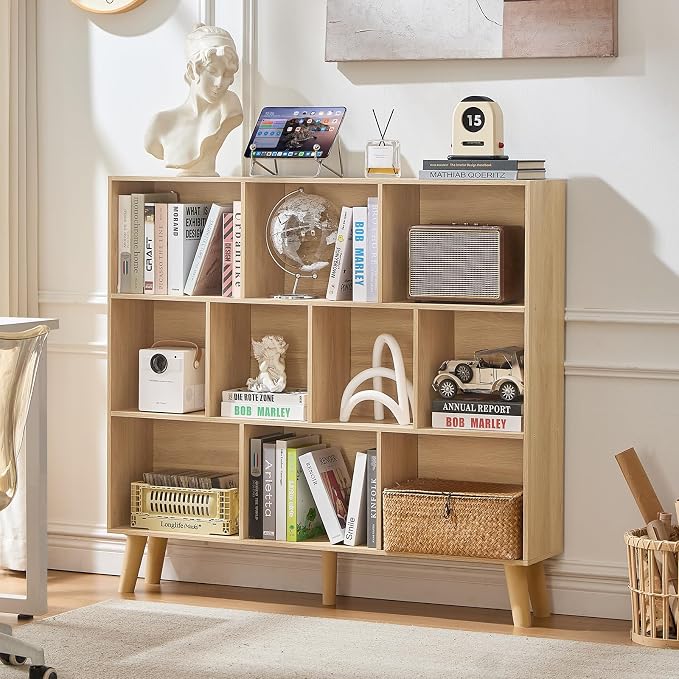 LEYAOYAO 10 Cube Bookshelf,3 Tier Modern Wide Bookcase with Legs,Mid-Century Wood Bookshelves Storage,Light Wood Large Book Case,Freestanding Organizer Display Shelf for Bedroom,Living Room,Office