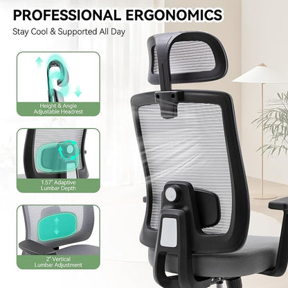 Ergonomic Office Chair, Office Desk Chair with High Back Mesh and Adjustable Lumbar Support, Rolling Work Chairs with Wheels and Adjustable Headrests, Wide Cushion, Grey
