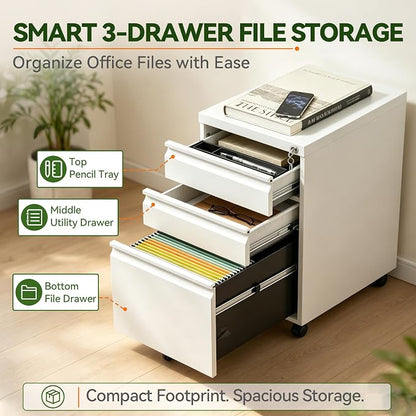 SAWJEC 3 Drawer File Cabinet with Lock, White Metal Filing Cabinet for Home Office, Fully Assembled, Vertical Locking File Cabinet with Letter Legal A4 Size Hanging Files, 15" W x 17" D x 24" H