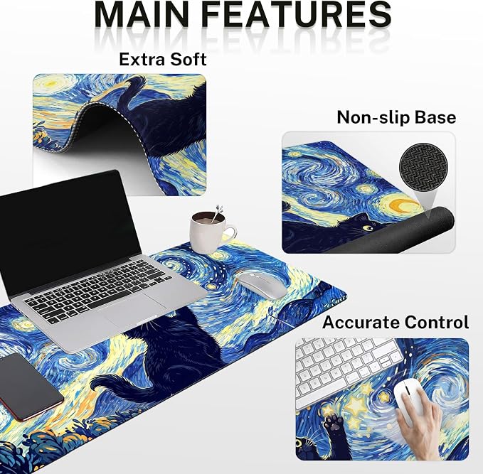 Britimes Cat Blue Moonlight Keyboard Mouse Pad Set Oil Painting Abstract 4in1 Large Mousepad+Keyboard Wrist Rest+Mouse Wrist Rest+Coaster Ergonomic Design for Home Office Computer 35.4x15.7 inches