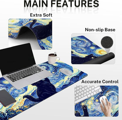Britimes Cat Blue Moonlight Keyboard Mouse Pad Set Oil Painting Abstract 4in1 Large Mousepad+Keyboard Wrist Rest+Mouse Wrist Rest+Coaster Ergonomic Design for Home Office Computer 35.4x15.7 inches