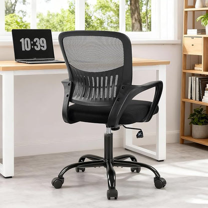 DUMOS Home Office Desk Chair - Ergonomic Mid Back with Lumbar Support & Rocking Mode, Height Adjustable with Fixed Armrest, for Conference, Computer, Meeting Room, 360° Swivel, Adults, Black