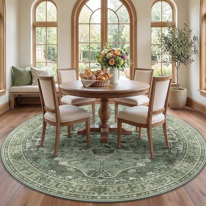 RELEANY Area Rugs Round 7ft Washable Non-Slip, Floral Vintage Distress Medallion Carpet for Living Room Bedroom Dining Room, Dark Green Gray