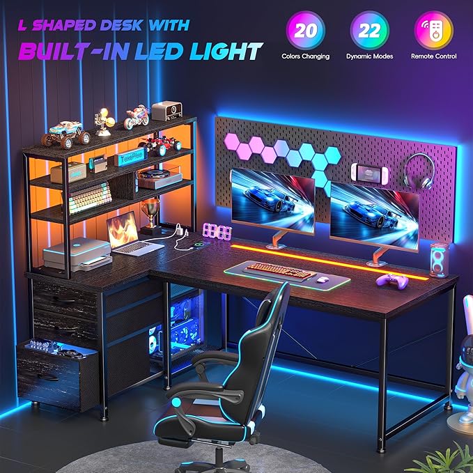 55''Gaming Desk L Shaped Desk with 3 Fabric Drawers & Shelves, Reversible Computer Desk with Remote LED Lights, Power Outlet and PC Stand of Home Office Desk for Bedroom,Dorm,Gaming Room,Black