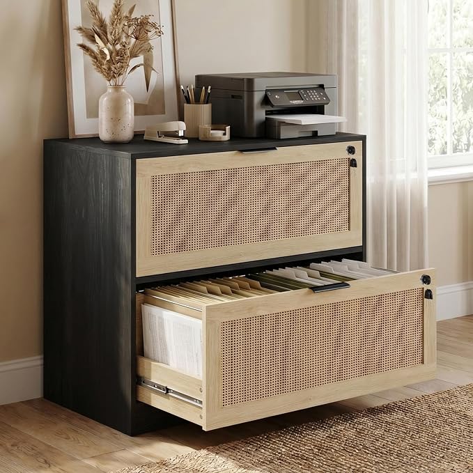 HOPUBUY 2 Drawer File Cabinet with Lock, Printer Stand Lateral Filing Cabinets for Home Office and School, Wood Rattan File Cabinet for Hanging Files/Letter/Legal/A4/F4 Size, Black